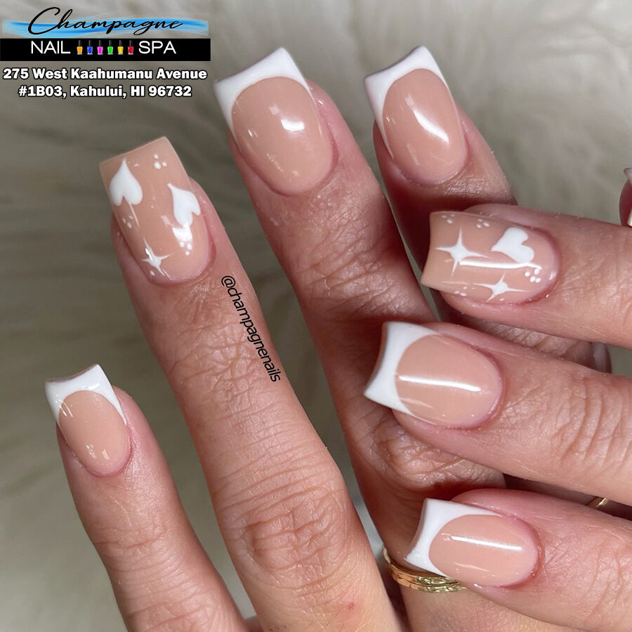 Classic white French coffin nails at Gold Nails Maui, Kahului